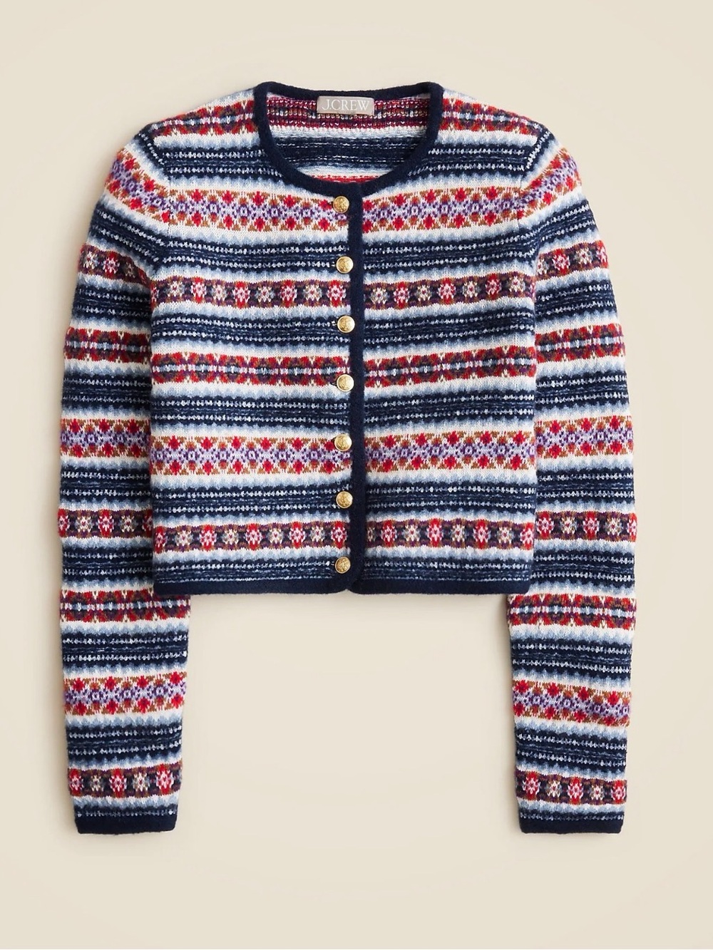 J. Crew Navy Fair Isle Cropped Knit Jacket with Gold Buttons